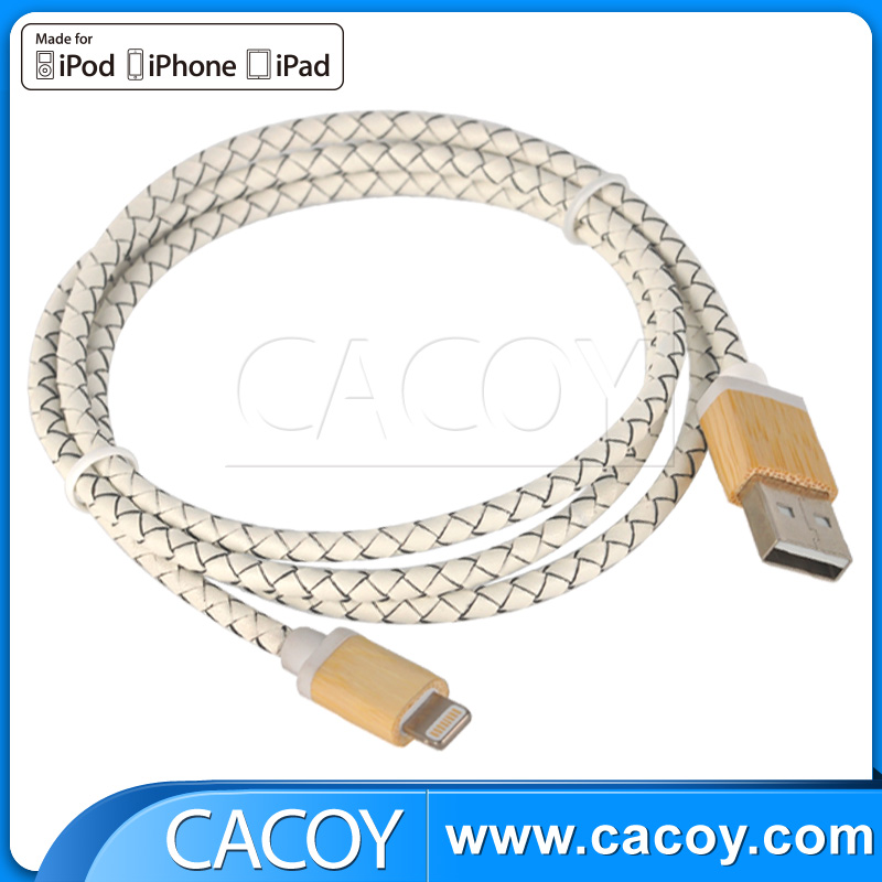 PU Braided Leather Wooden Shell USB Connector Cable